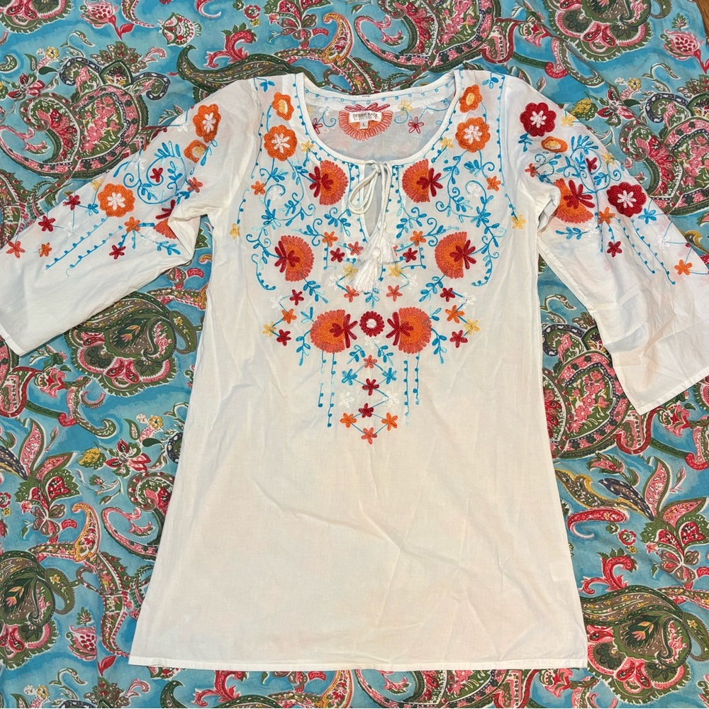 DEBBIE KATZ South Beach LIGHTWEIGHT tunic top LONG SLEEVE Embroidered LARGE